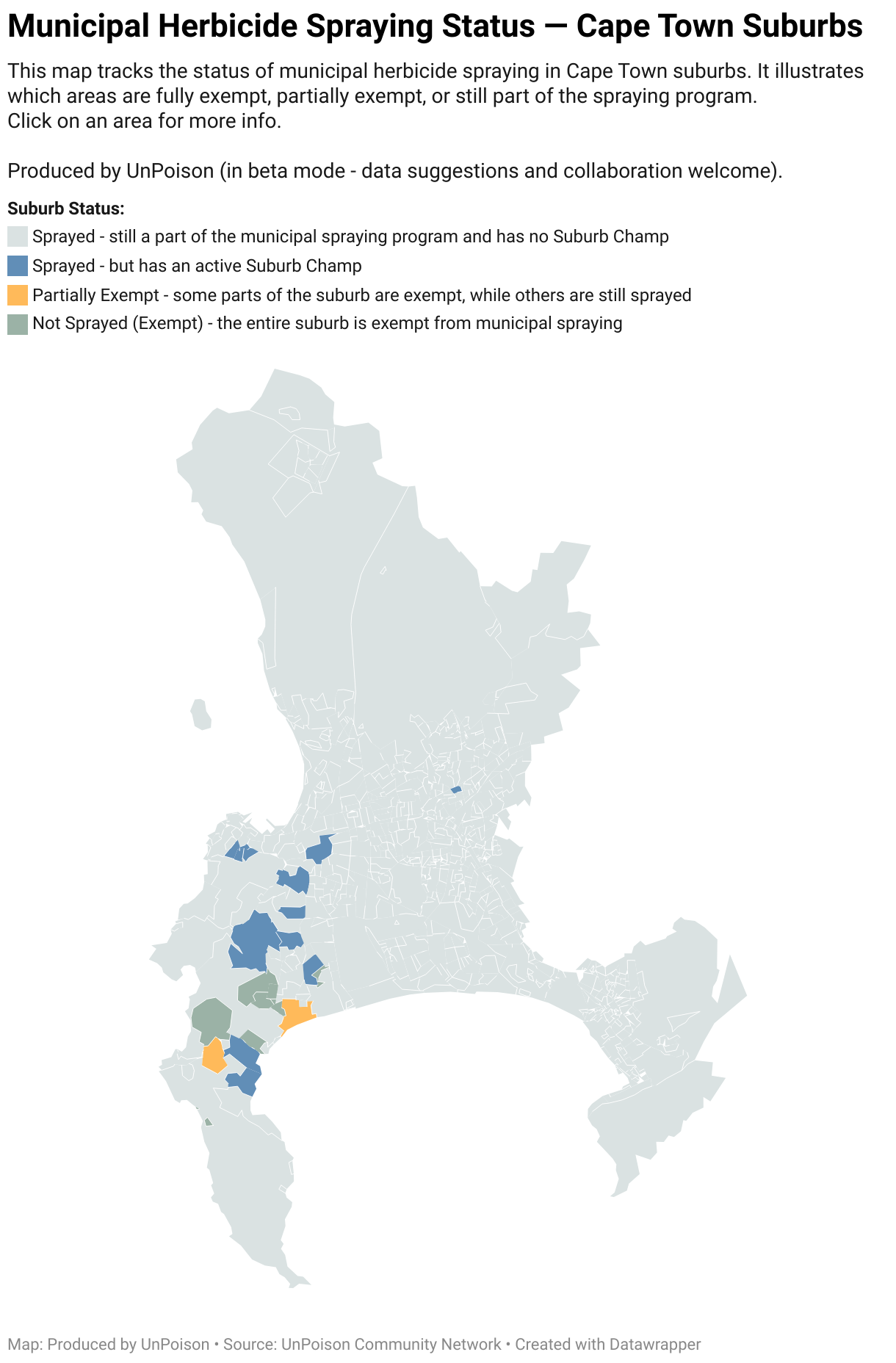 Map of Cape Town suburbs showing areas still sprayed, areas with an active champion, partially exempt areas and fully exempt areas; the interactive version provides suburb details.